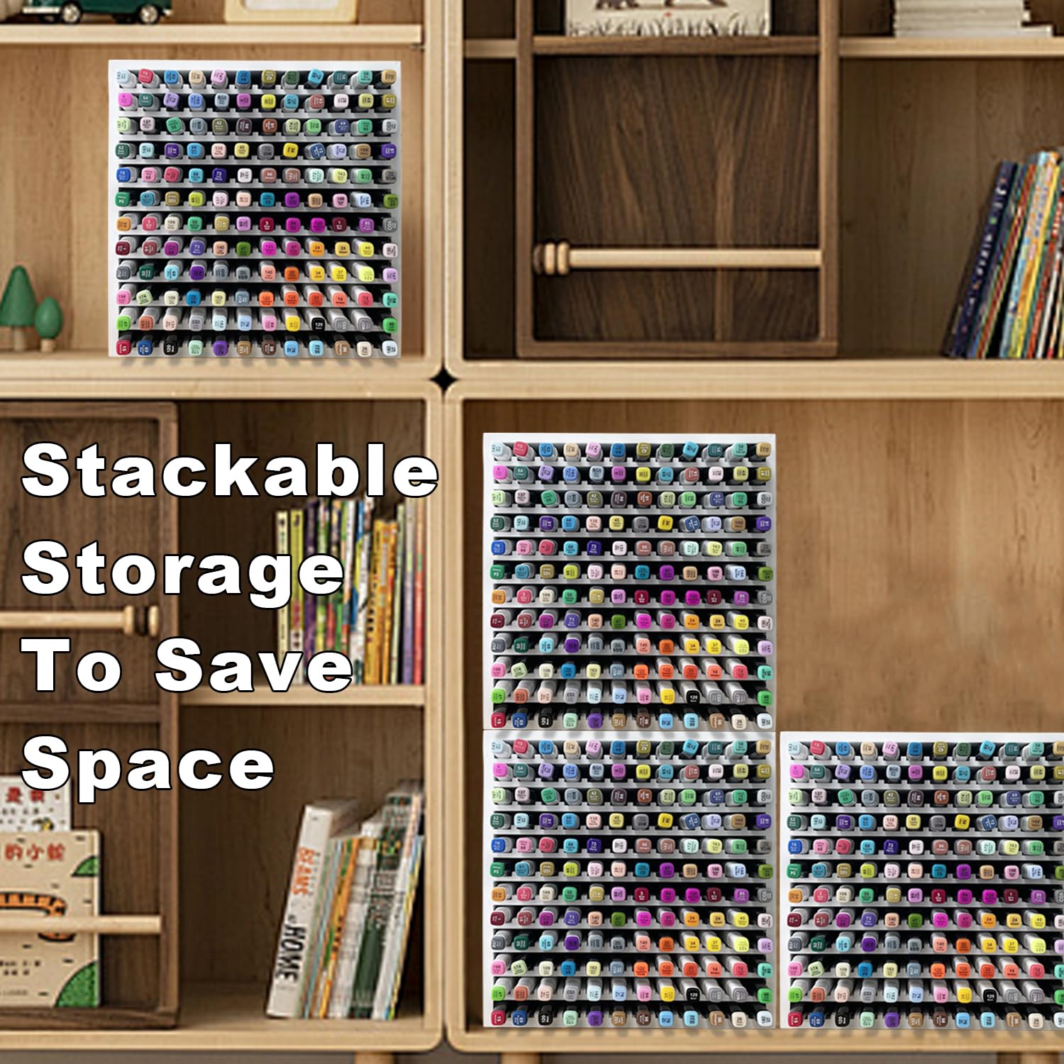 MinBoo Bamboo Art Supply Storage Rack - Wooden Marker Organizer for 144 Markers, Pens, Colored