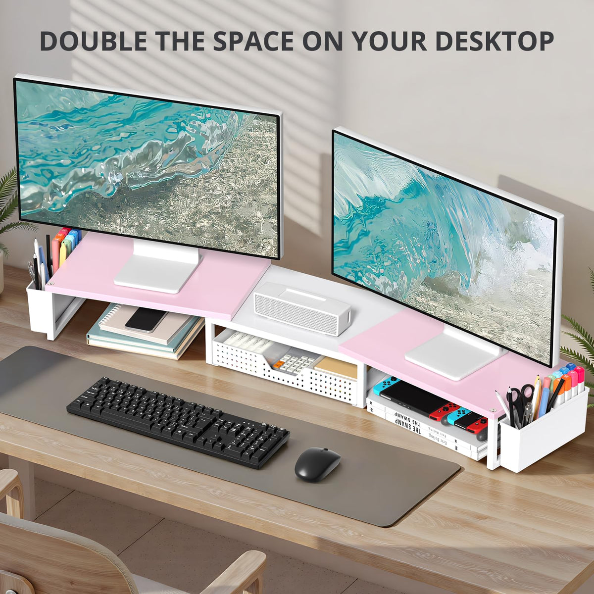 OPNICE Desk Organizers and Accessories, Dual Monitor Stand Riser with Drawer and 2 Pen Holders