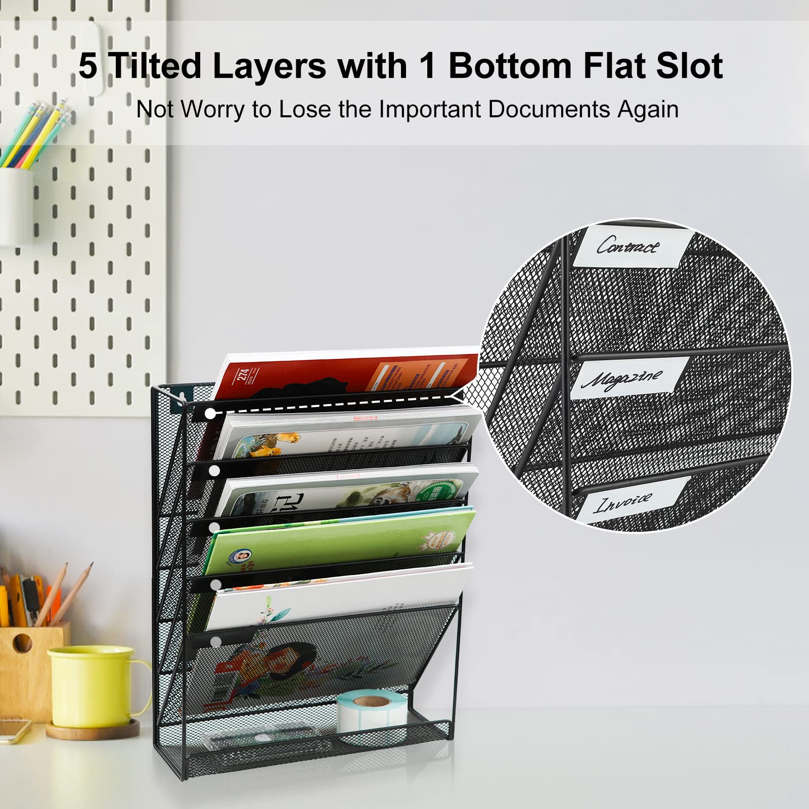 EasyPAG 5 Tier Wall File Holder, Mesh Hanging Folder Organizer with Classify Label, Versatile Desk