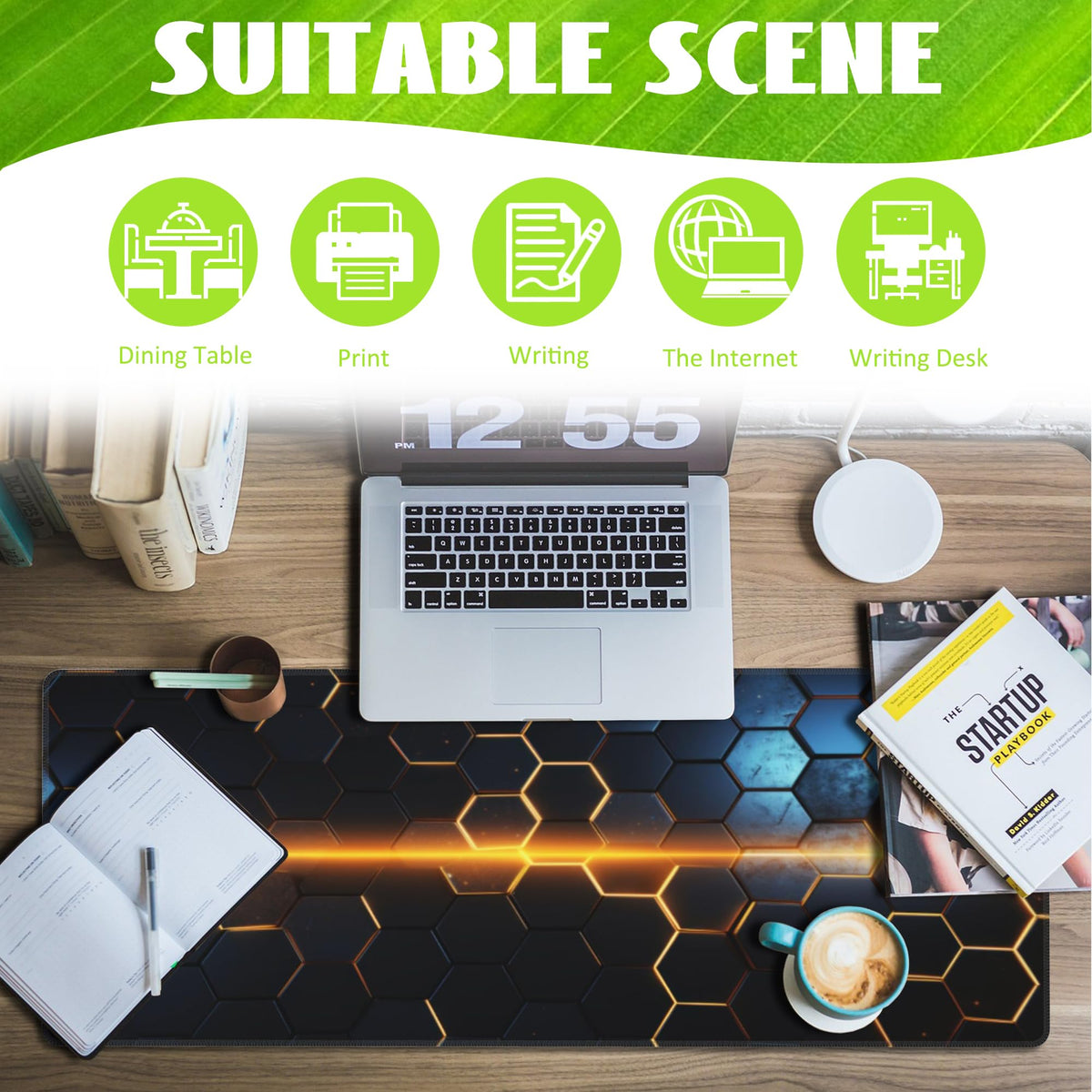 Eflxamz Large Gaming Mouse Pad for Desk,Golden Lines Honeycomb Technology Desk Mat,Honeycomb