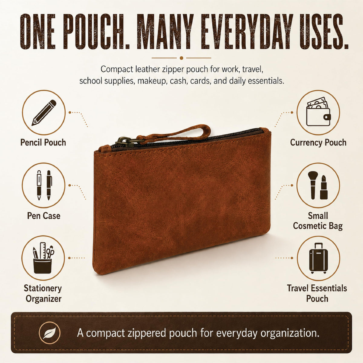 TheAntiq Leather Pencil Pouch Money Bag, Tan