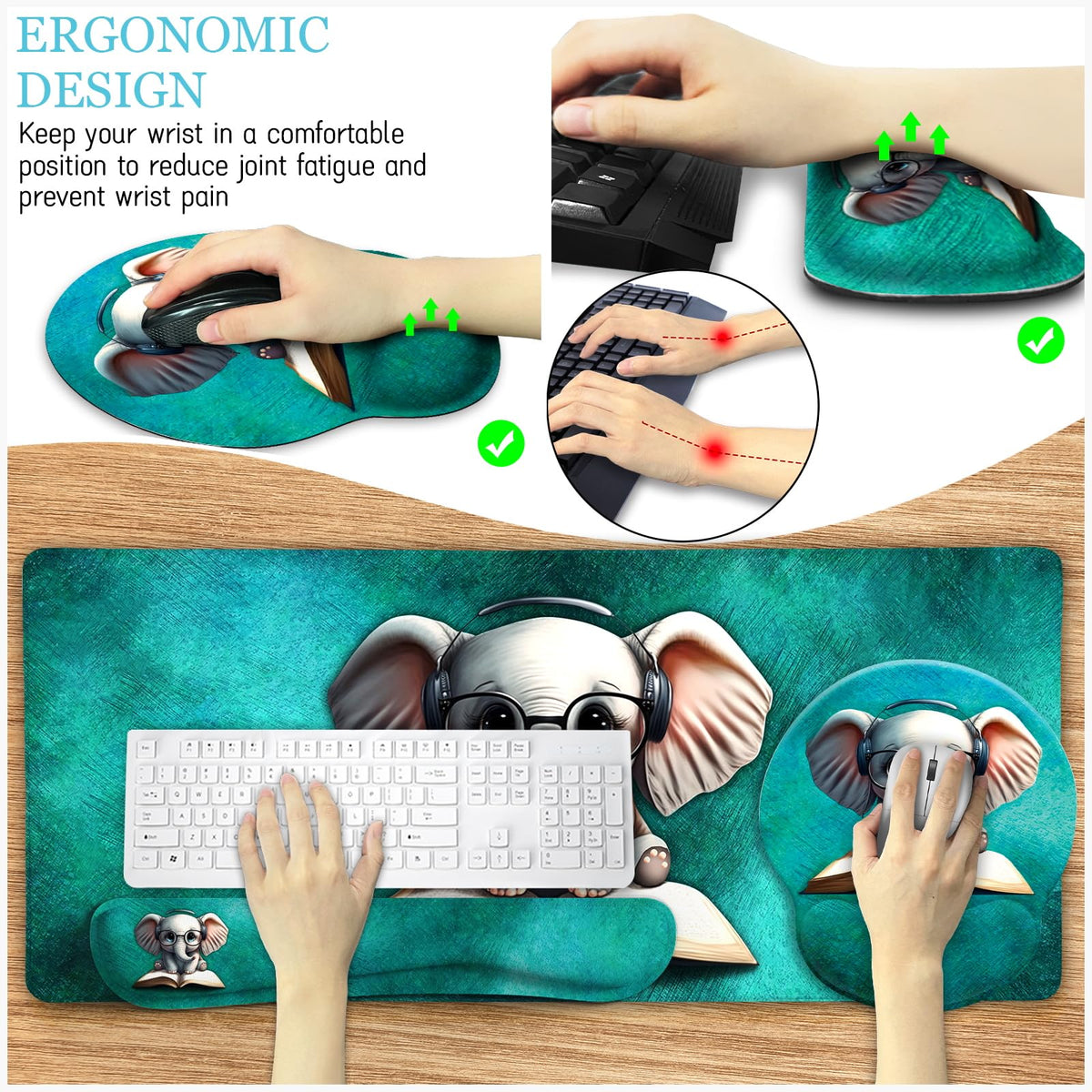 LIMKRIAN Large Desk Mat Set, Mouse Pad with Wrist Rest, Cute Elephant