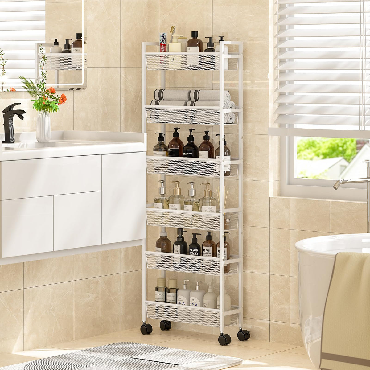 ThreeHio 6 Tier Slim Storage Cart, Narrow Cart with Wheels, Metal Mobile Shelving Unit Organizer