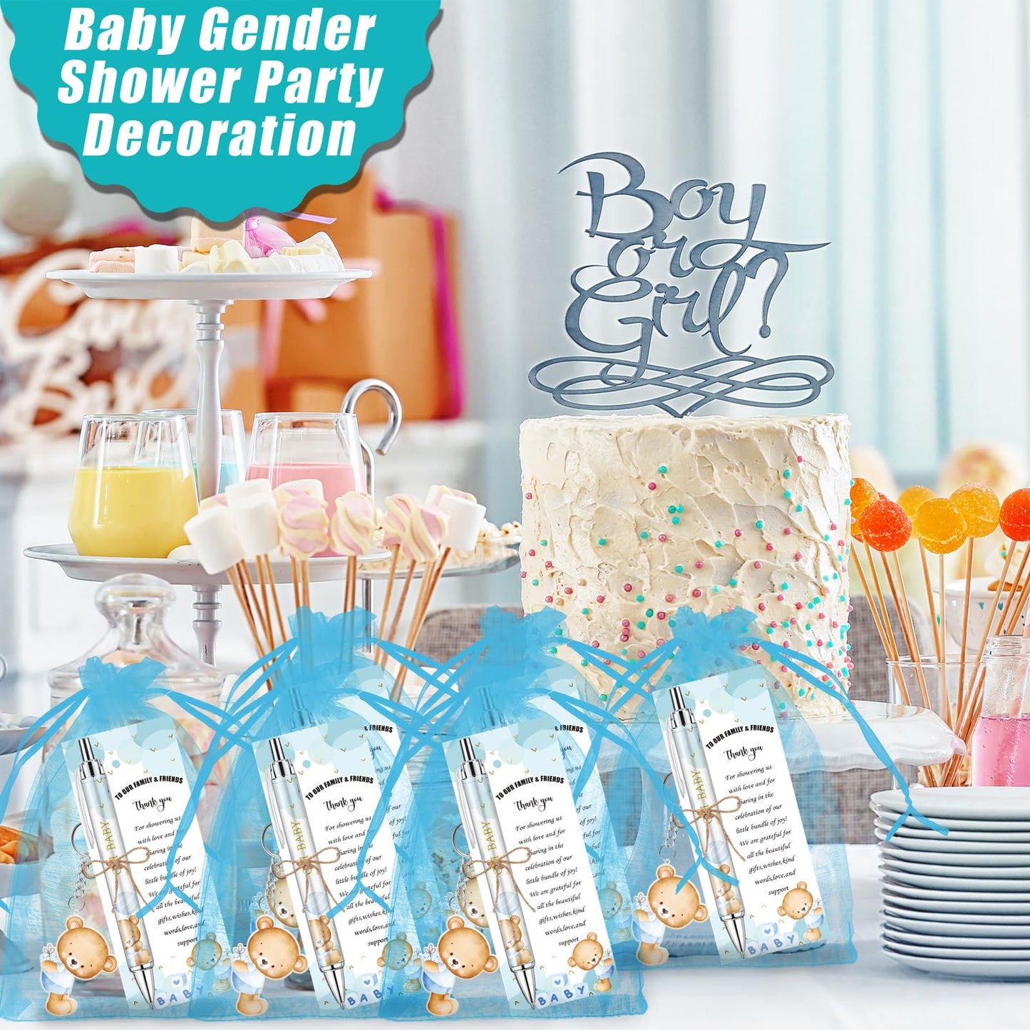EYNDYN 289 Pieces Baby Shower Gifts for Guest Blue Bear Ballpoint Pens and Keychains Favors Bulk