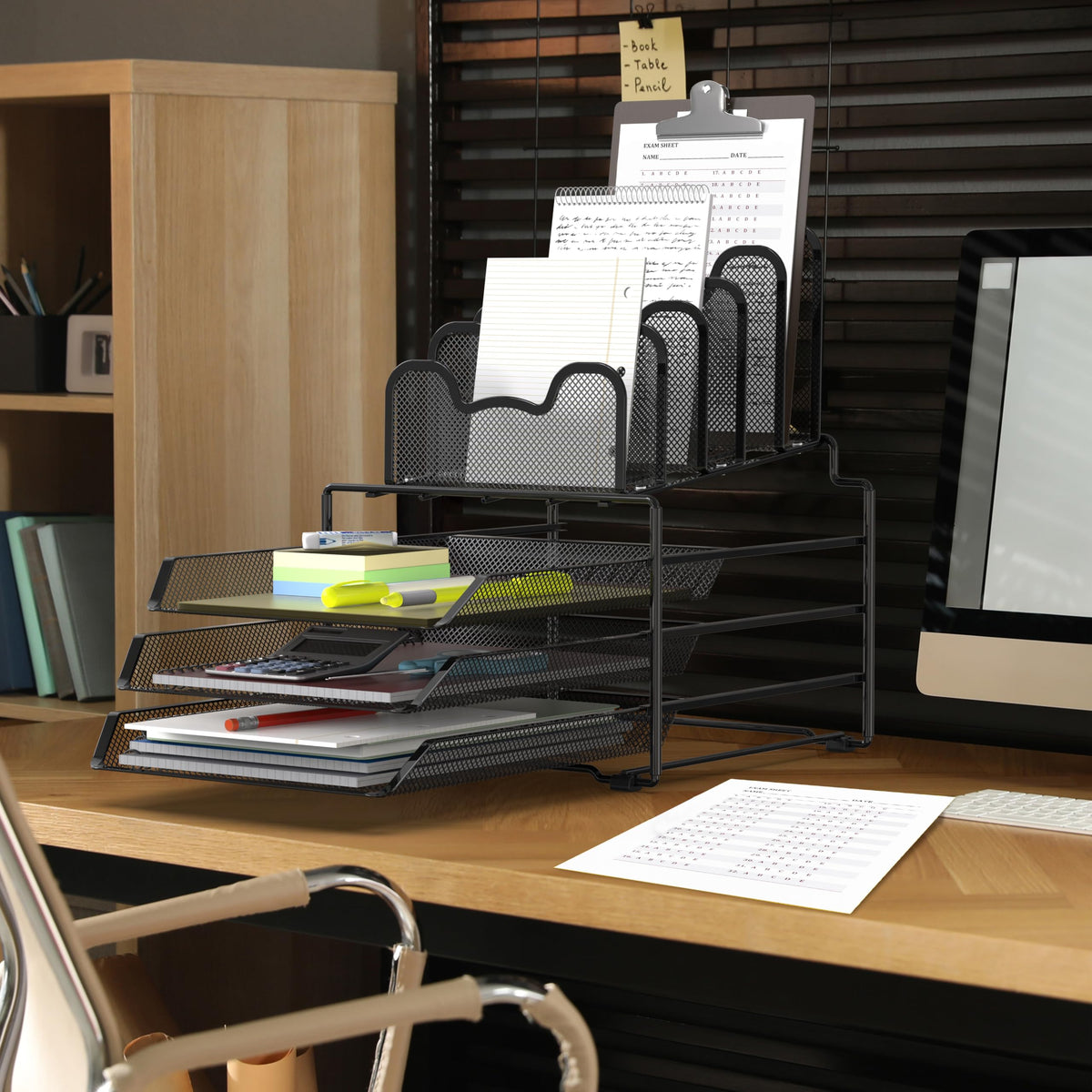 Simple Houseware Desk Organizer, 3 Sliding Tray & 5 Stacking Section, Black
