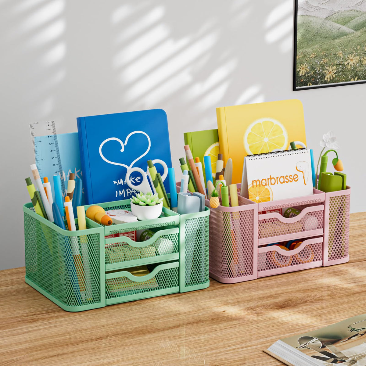 Marbrasse Mesh Desk Organizer, Pen Organizer with 2 Drawer, Multi-Functional Pencil Holder, Desk