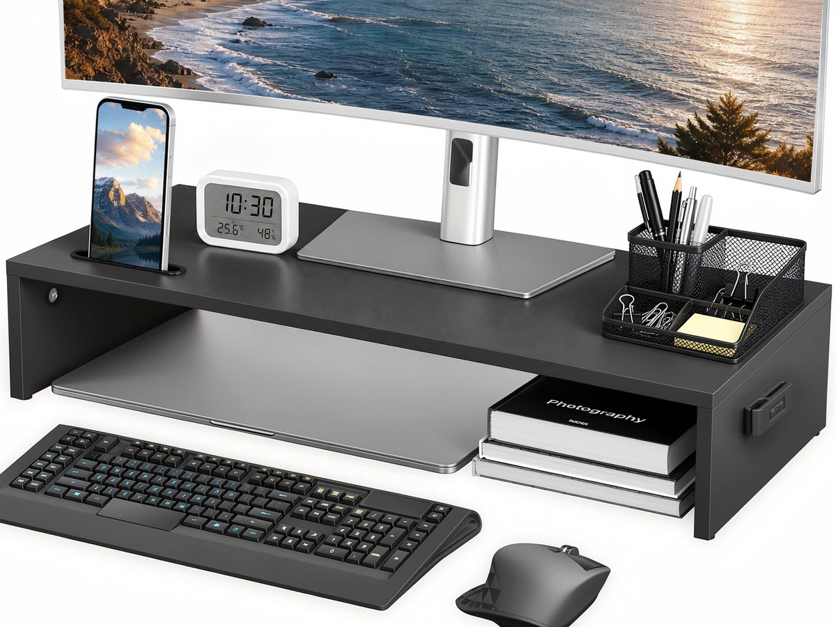 1home Ergonomic Monitor Stand Riser, 21.3 Inch Wood Desktop Stand with Cellphone Holder and Cable