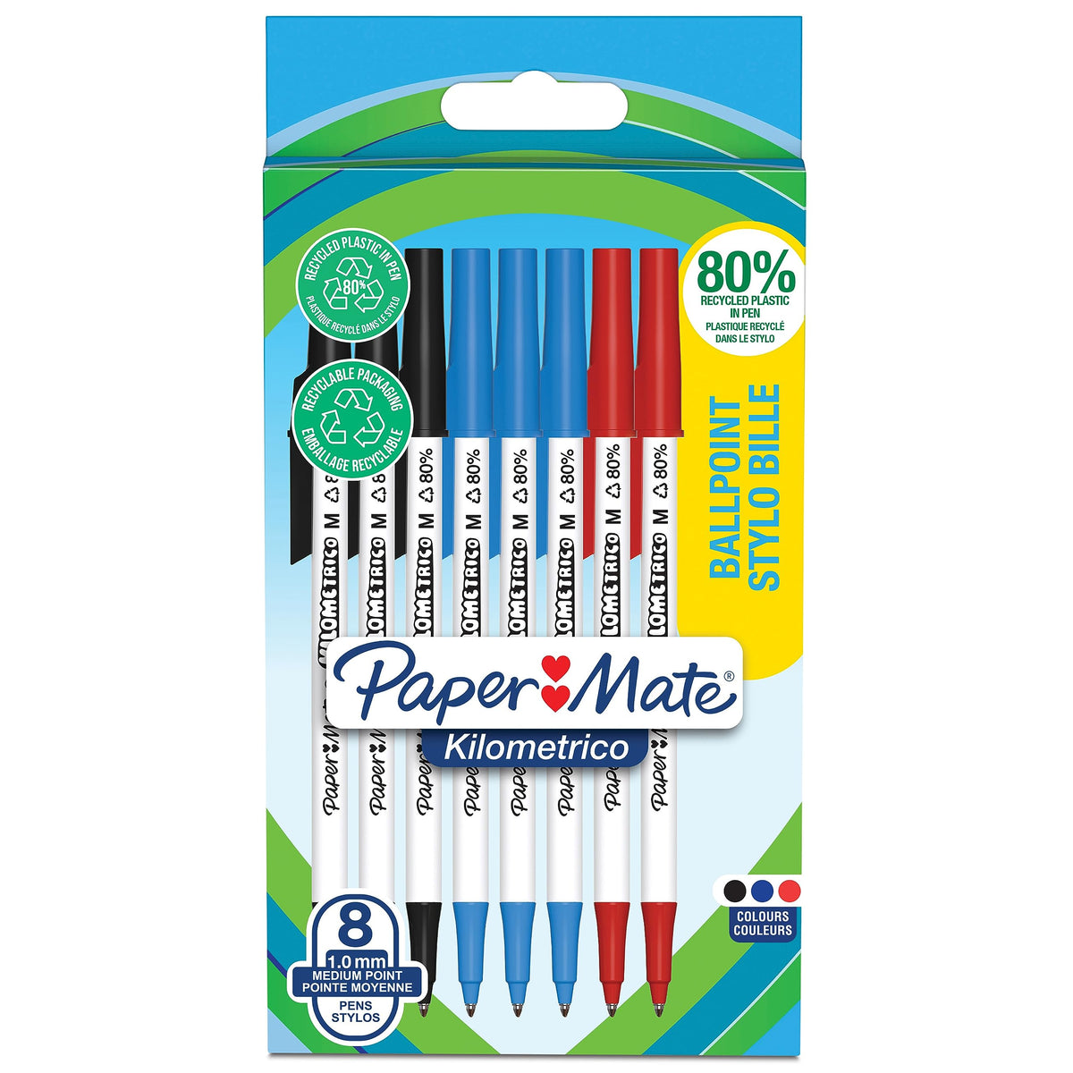 Paper Mate Kilometrico Ballpoint Pens | Long Writing with Medium Point (1.0mm) | Black, Blue & Red