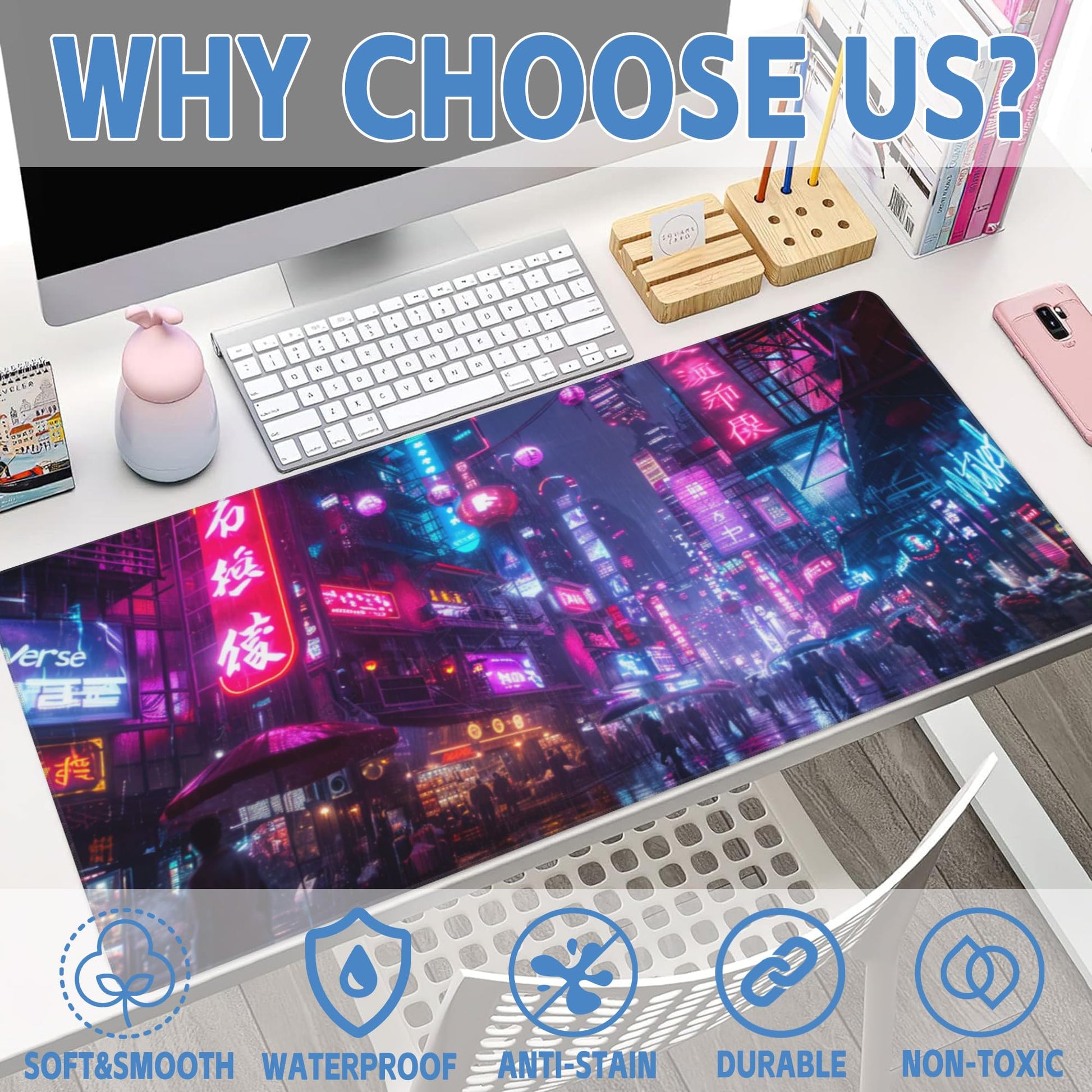 Desk Mat,Cyberpunk Neon City Large Gaming Mouse Pad for Desk XXL,Futuristic Night Street Desk