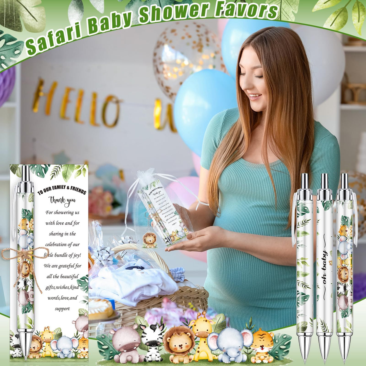 EYNDYN 145 Pieces Safari Baby Shower Favors for Guest Wild Animal Ballpoint Pens and Keychains
