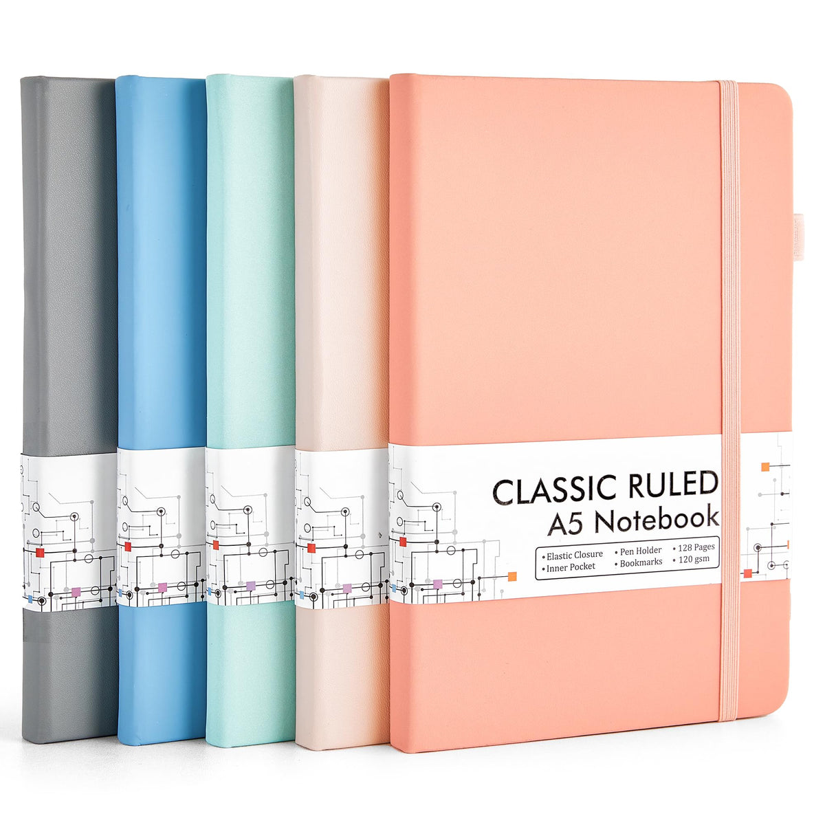 feela 5 Pack Notebooks Journals Bulk, Hardcover Classic Ruled Lined Journals with Pen Holder for
