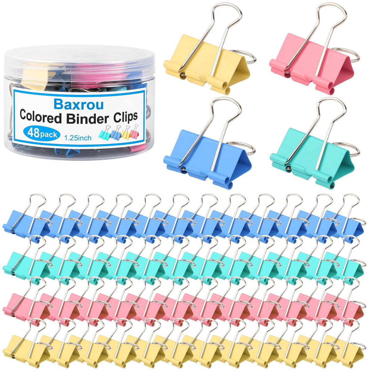 Colored Binder Clips,Medium Binder Clip 1.25 Inch (48 Pack) with Container