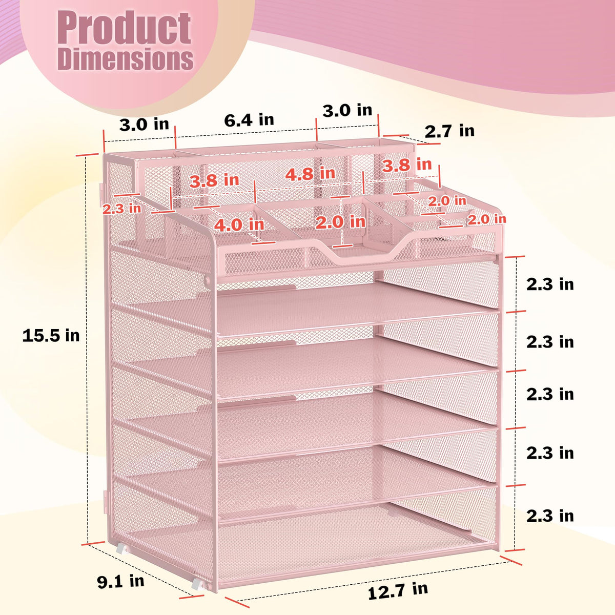 Docnest 6 Tier Mesh Desk Organizer with Letter Tray & Paper Sorter, Pink