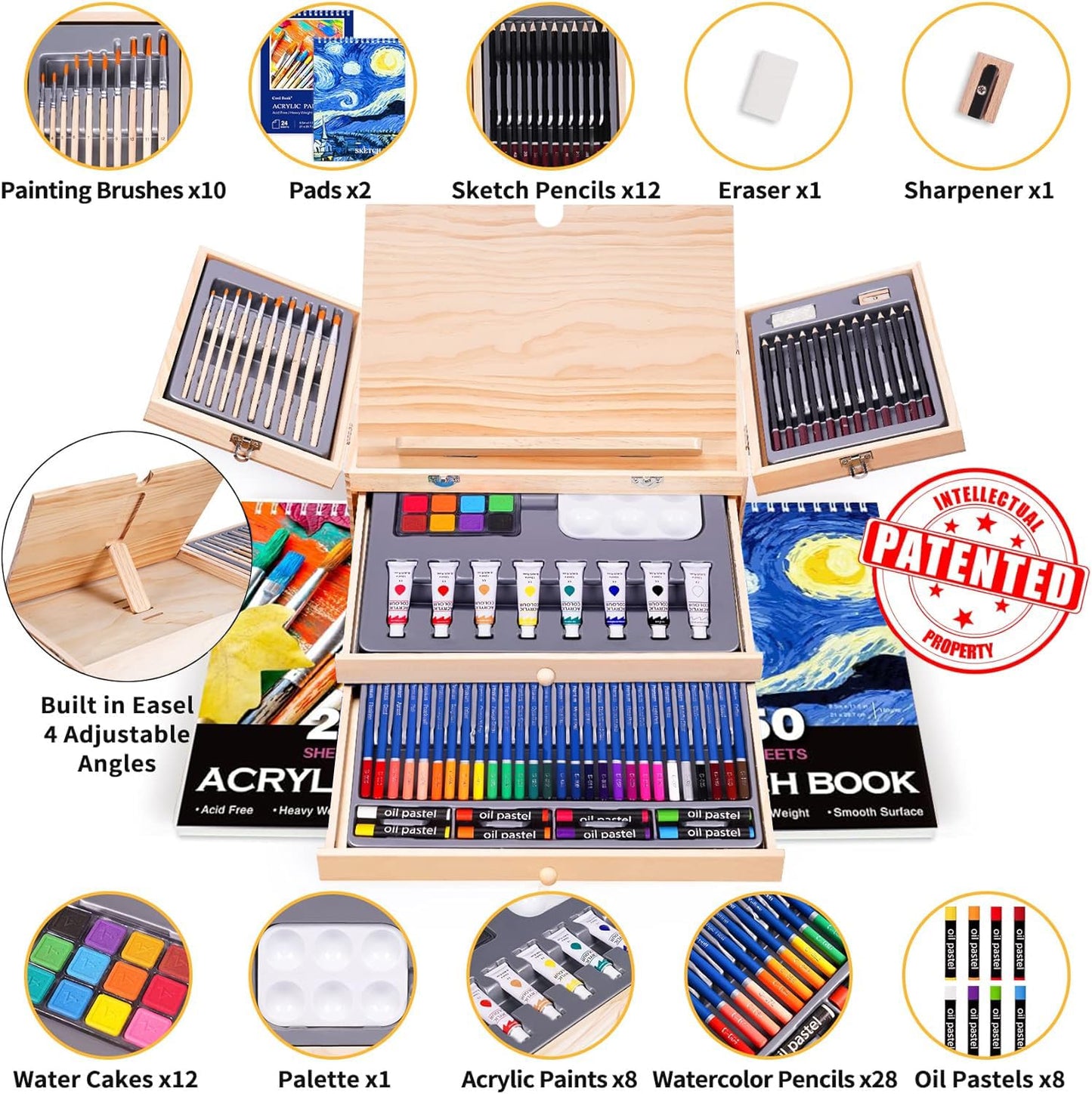 Art Set 85 Piece with Built-in Wooden Easel, 2 Drawing Pad, Art Supplies in Portable Wooden