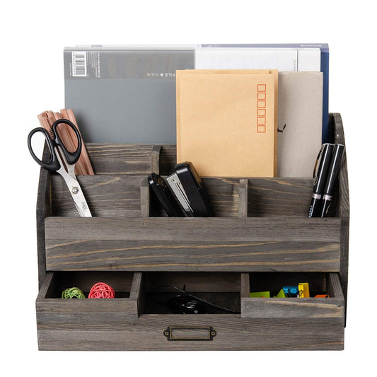 canwedance Distressed Rustic Wooden Office Desk Organizer 5 Compartment with 2 Drawer &Counter Desk