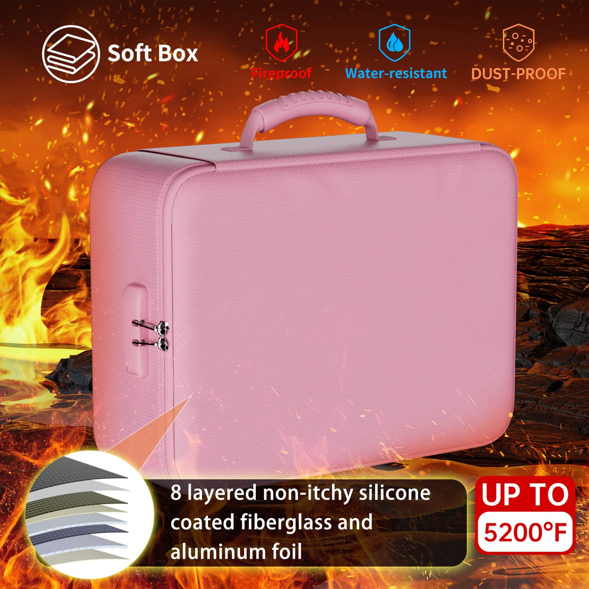 DocSafe 5200°F Fireproof Document Organizer Box with Lock, Pink (Soft)