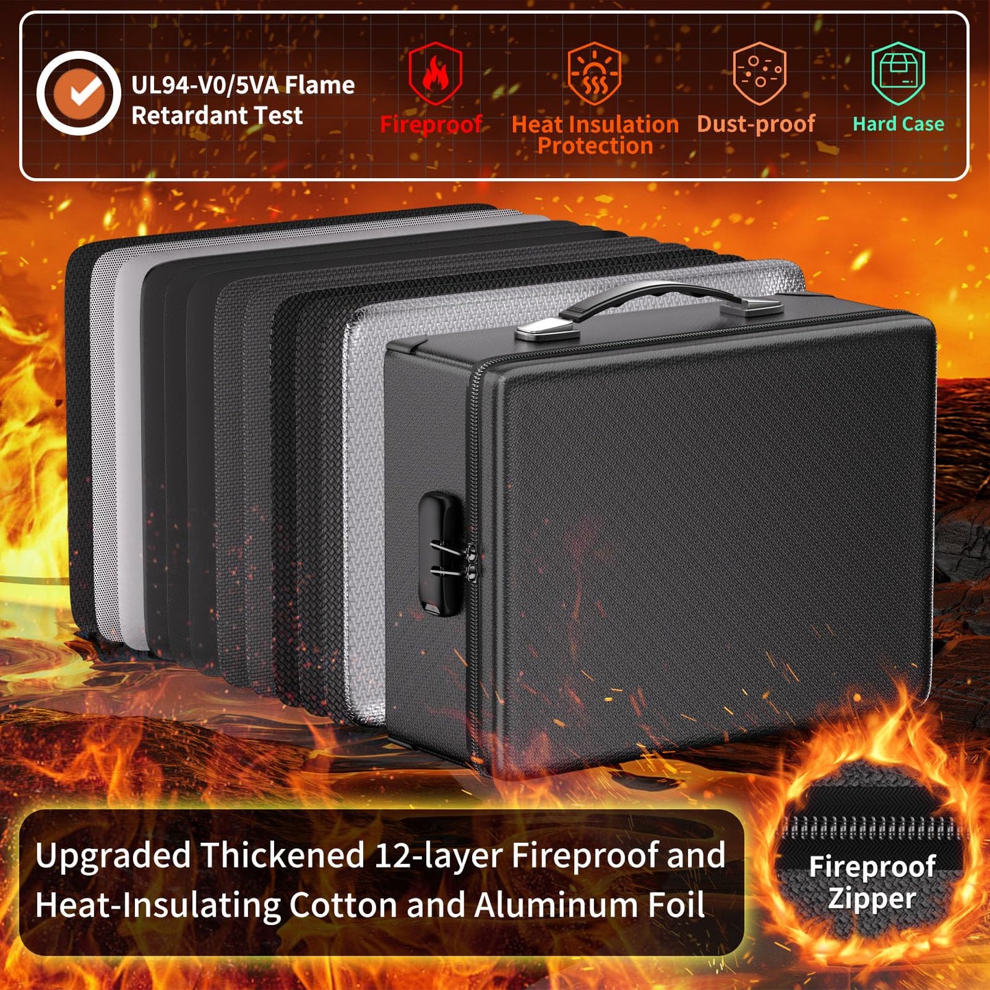 DocSafe Fireproof Document Box with Lock - 12 Layers Heat Insulated, Black
