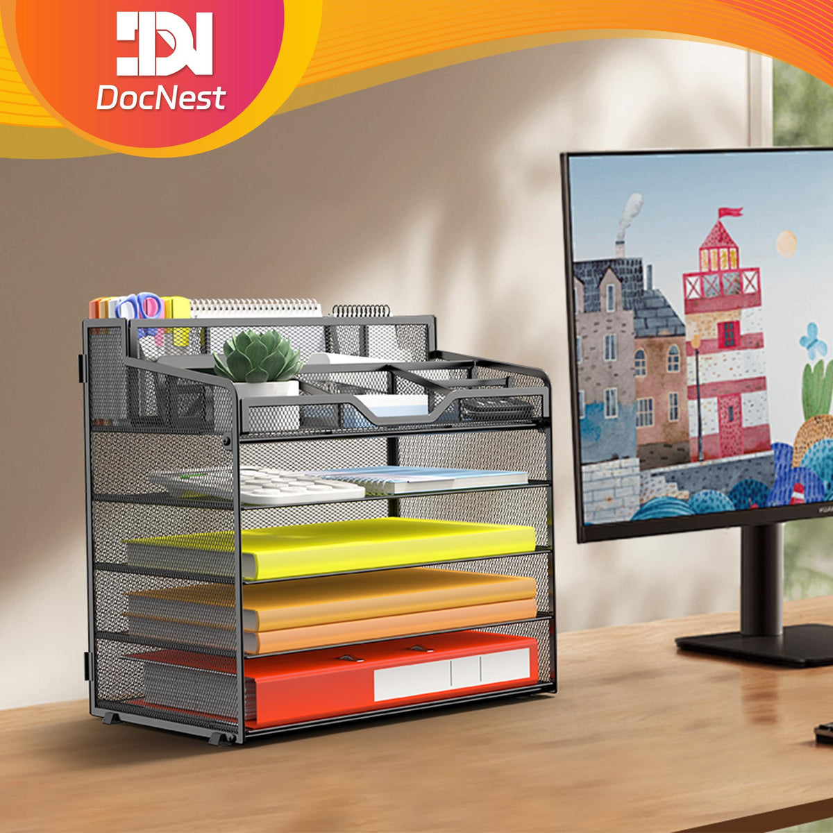 Docnest 5 Tier Mesh Desk Organizer with Letter Tray & Paper Sorter, Black