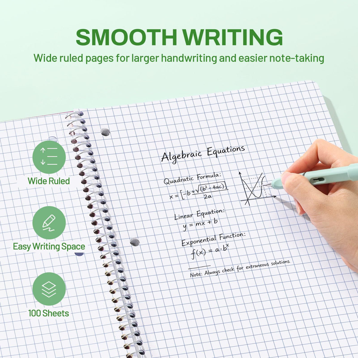 SUNEE Spiral Notebook, 1-Subject, Graph Ruled Paper, 8" x 10-1/2", 100 Sheets per Notebook, 3-Hole