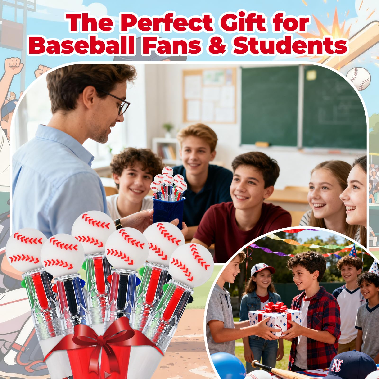 Zhirlyn Baseball Party Favors Baseball Pens Mini Multicolor Pen in One Cute Fun 4-in-1 Pens Bulk