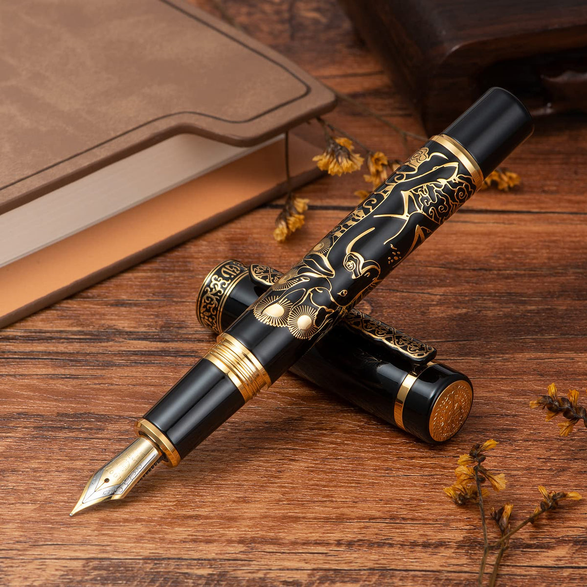 HONG DIAN 8037 Chinese Classical Fountain Pen, Iridum Fine Gold Nib with Chinese Deer Totem Design