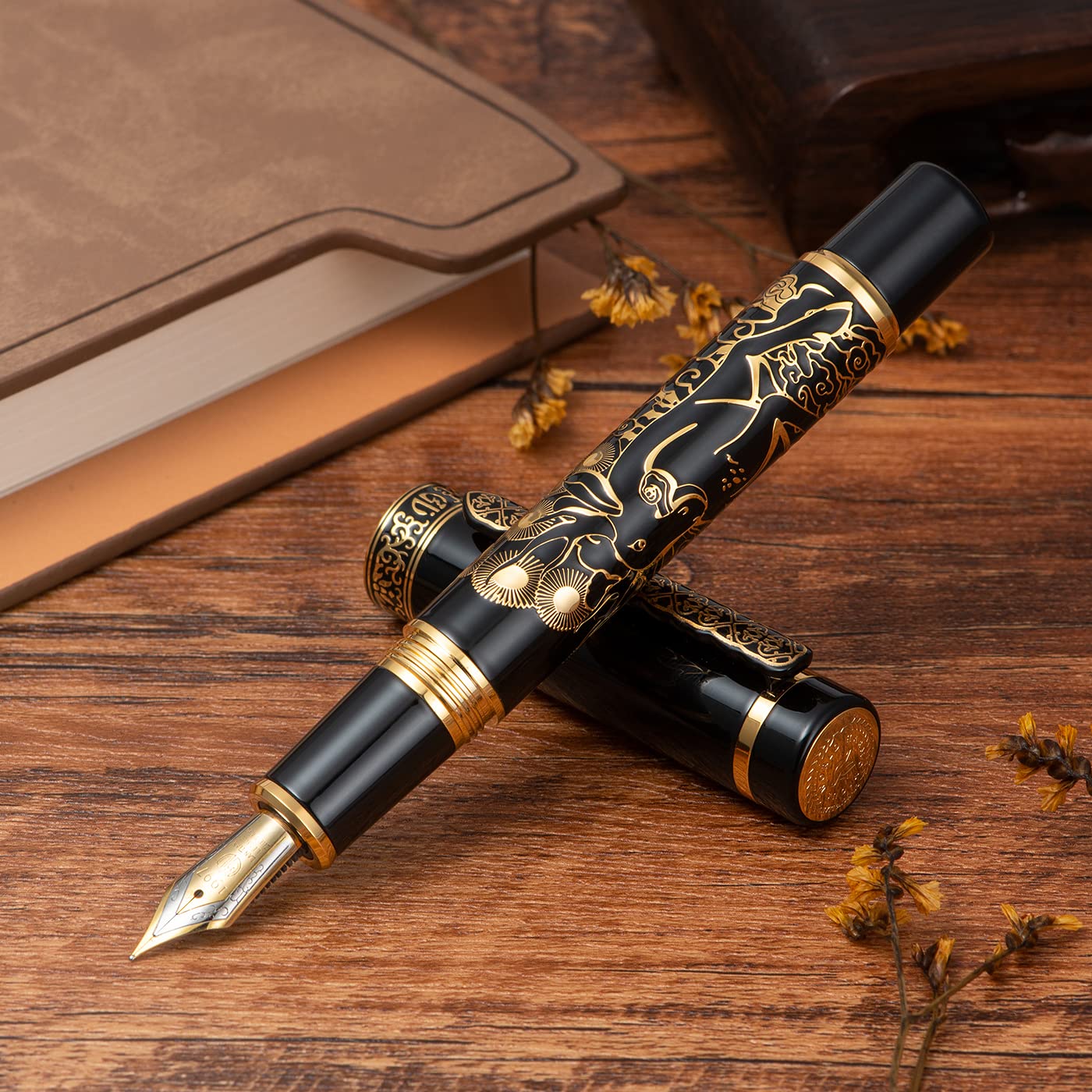 HONG DIAN 8037 Chinese Classical Fountain Pen, Iridum Fine Gold Nib with Chinese Deer Totem Design