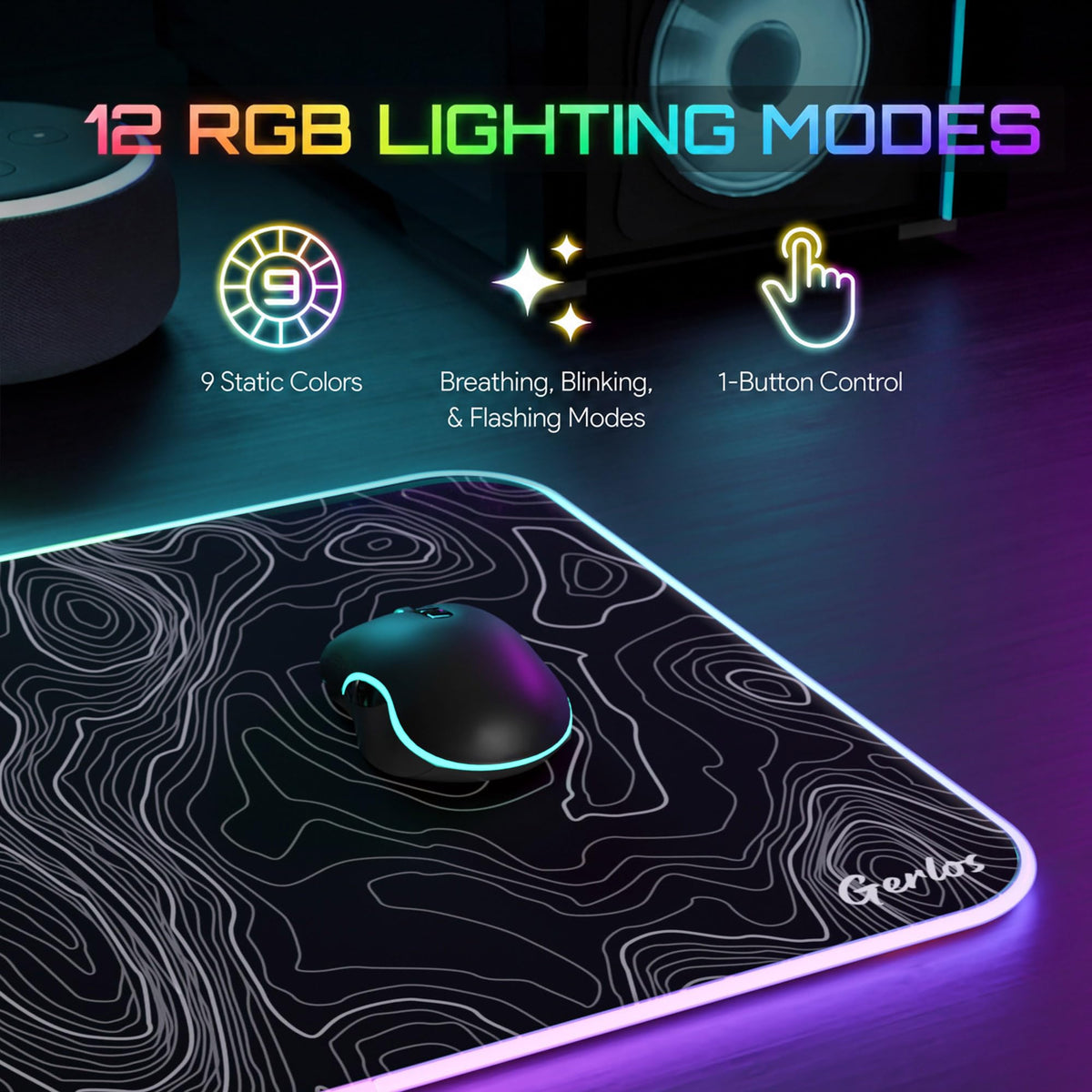 Gerlos RGB Gaming Mouse Pad, Large LED Desk Mat for Gamer, 31.5" x 11.8"