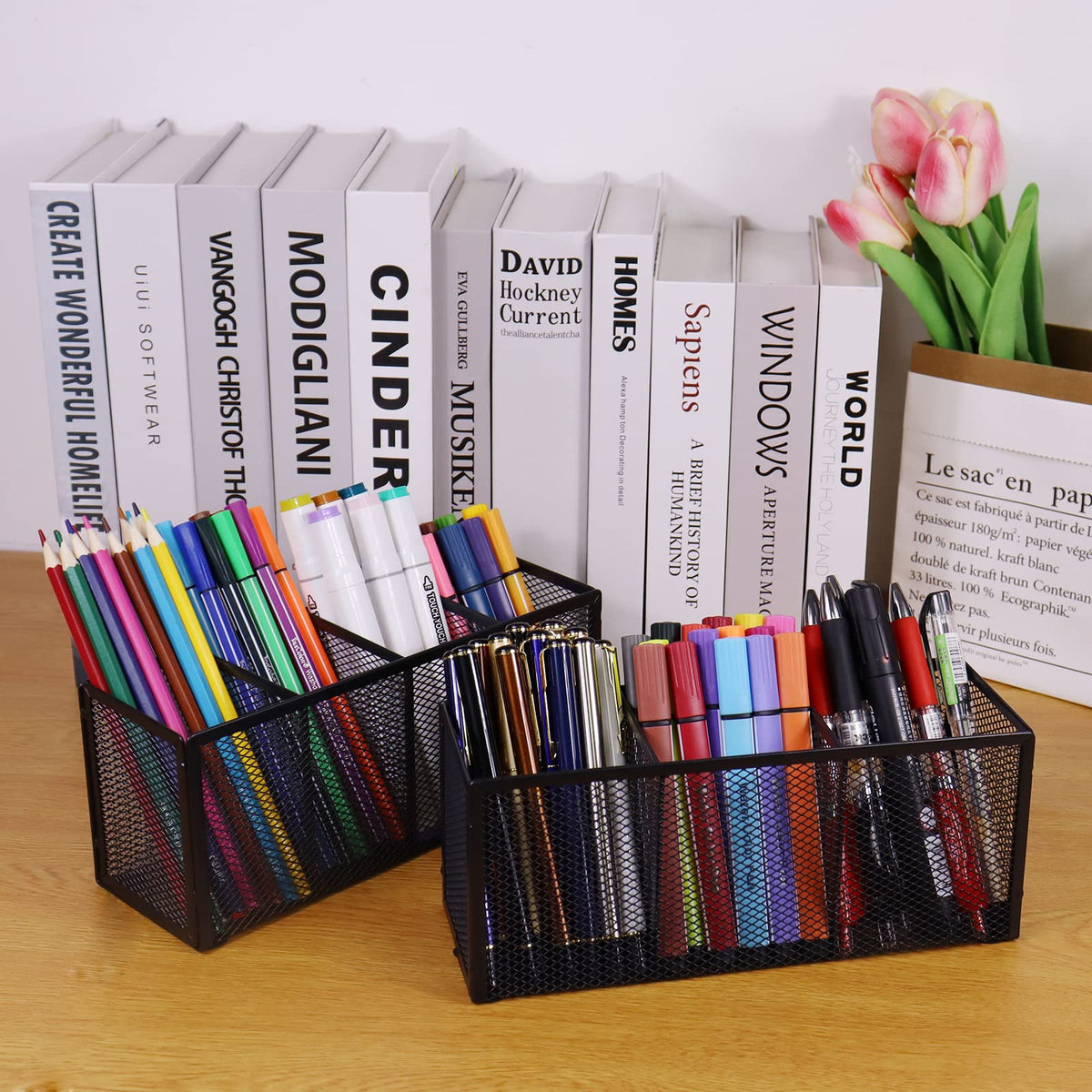 Flytreal 2PCS Black Mesh Pen Pencil Holder, Small Metal Desk Organizer Desktop Stationery Office