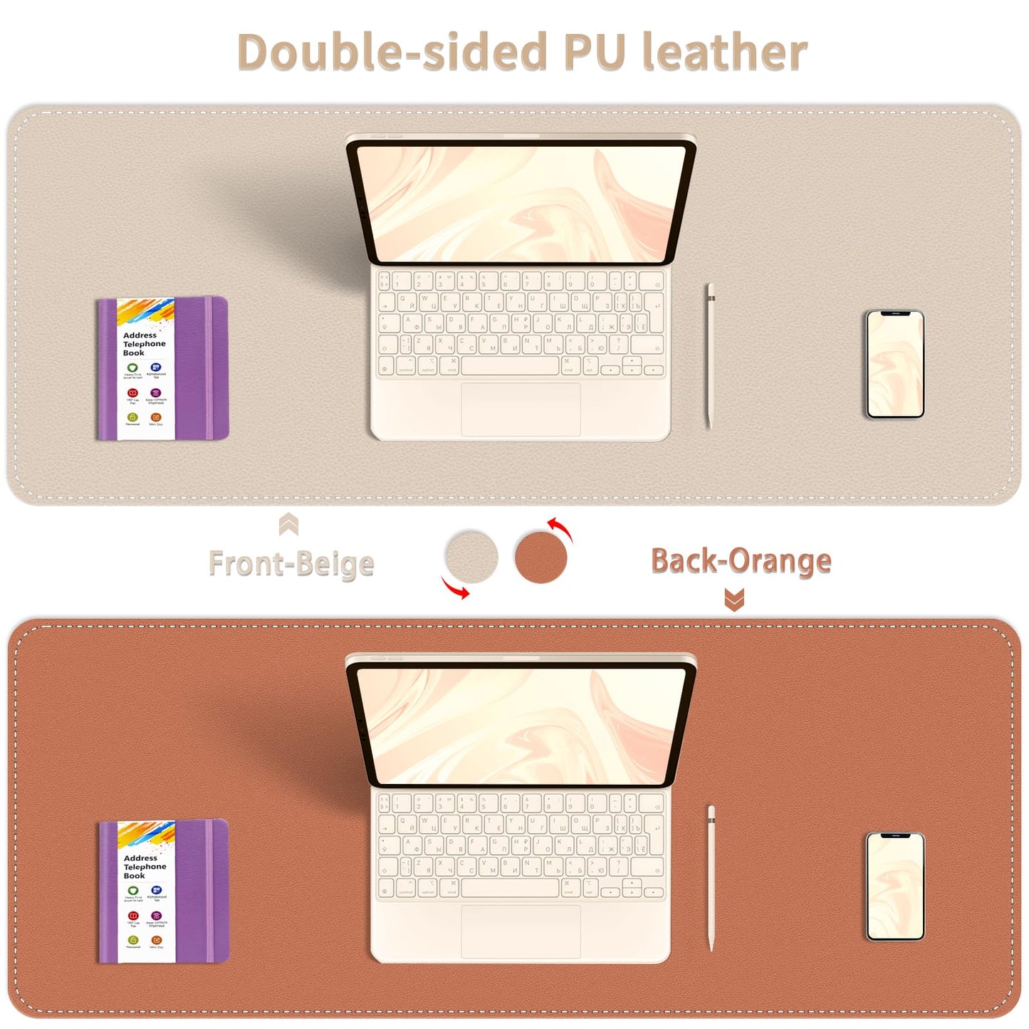 Dual-Sided Desk Mat, Large Pad, Waterproof Smooth PU Leather Blotter Protector, Mouse Pad, Desk