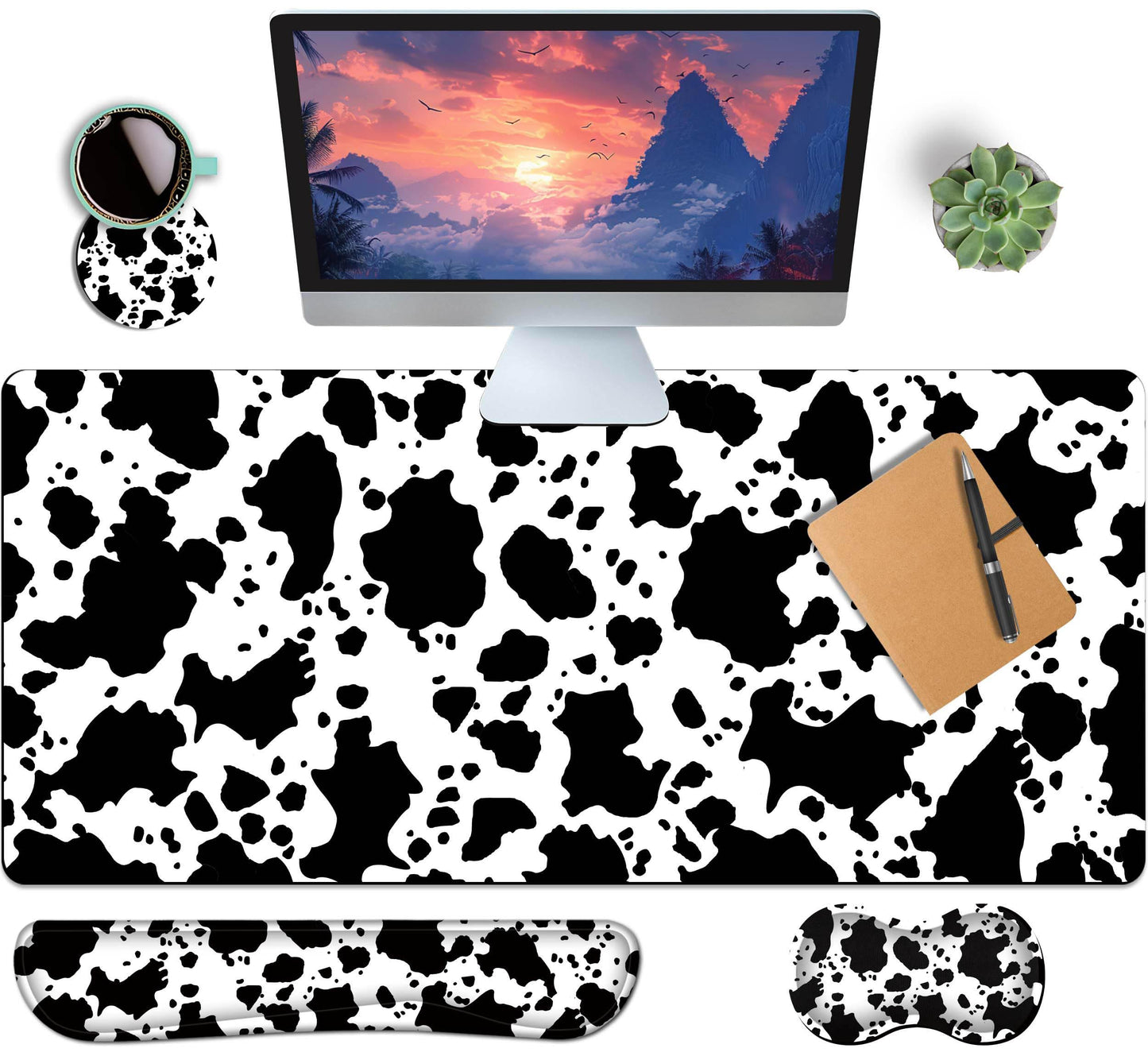 HaoSiTeck 4-Piece Extended Large Mouse Pad Set for Women Men with Cow Print Design Includes 35.4 x