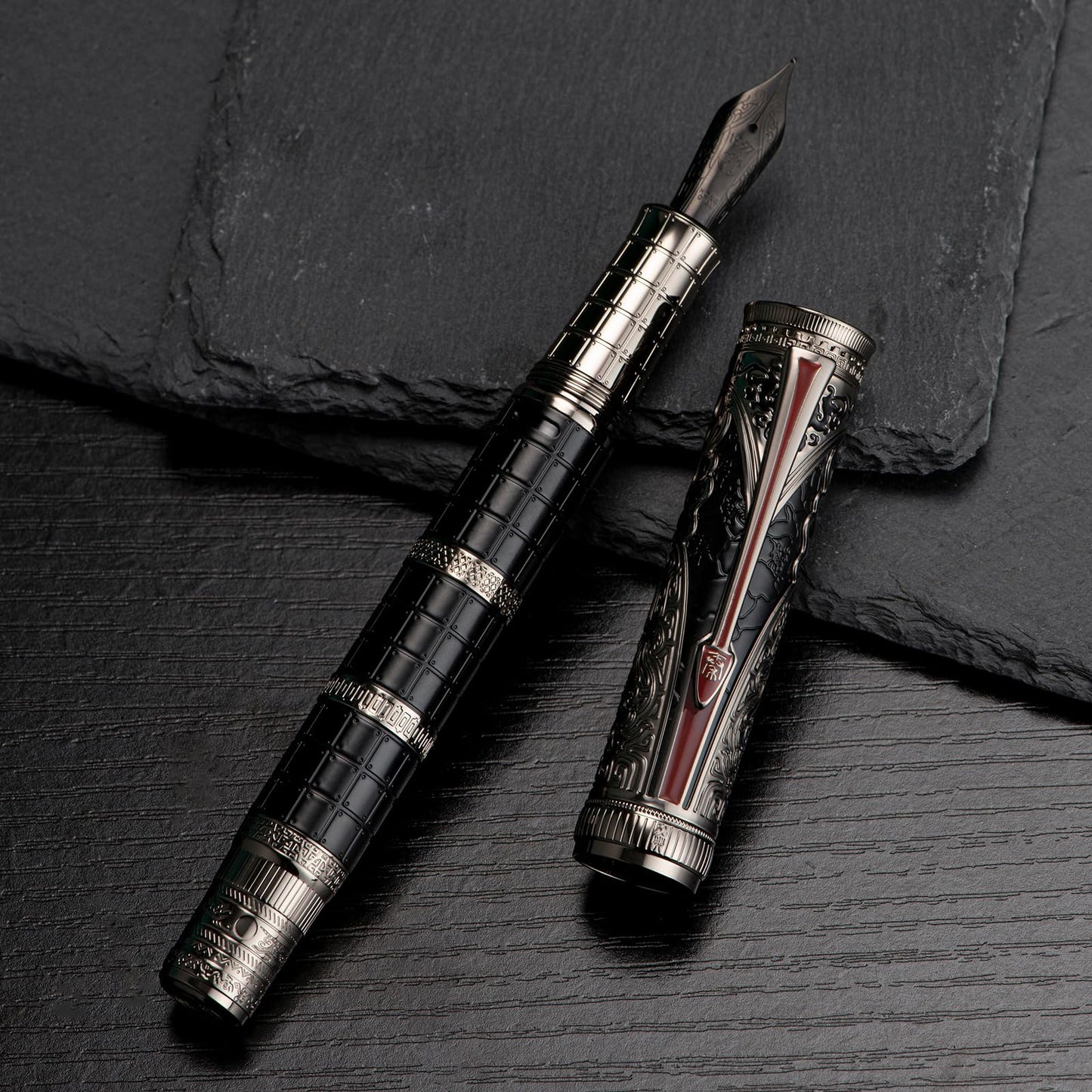 Hongdian D5X Fountain Pen Black Fine Nib, Qin Dynasty Retro Chinese Totem Engraving with Converter