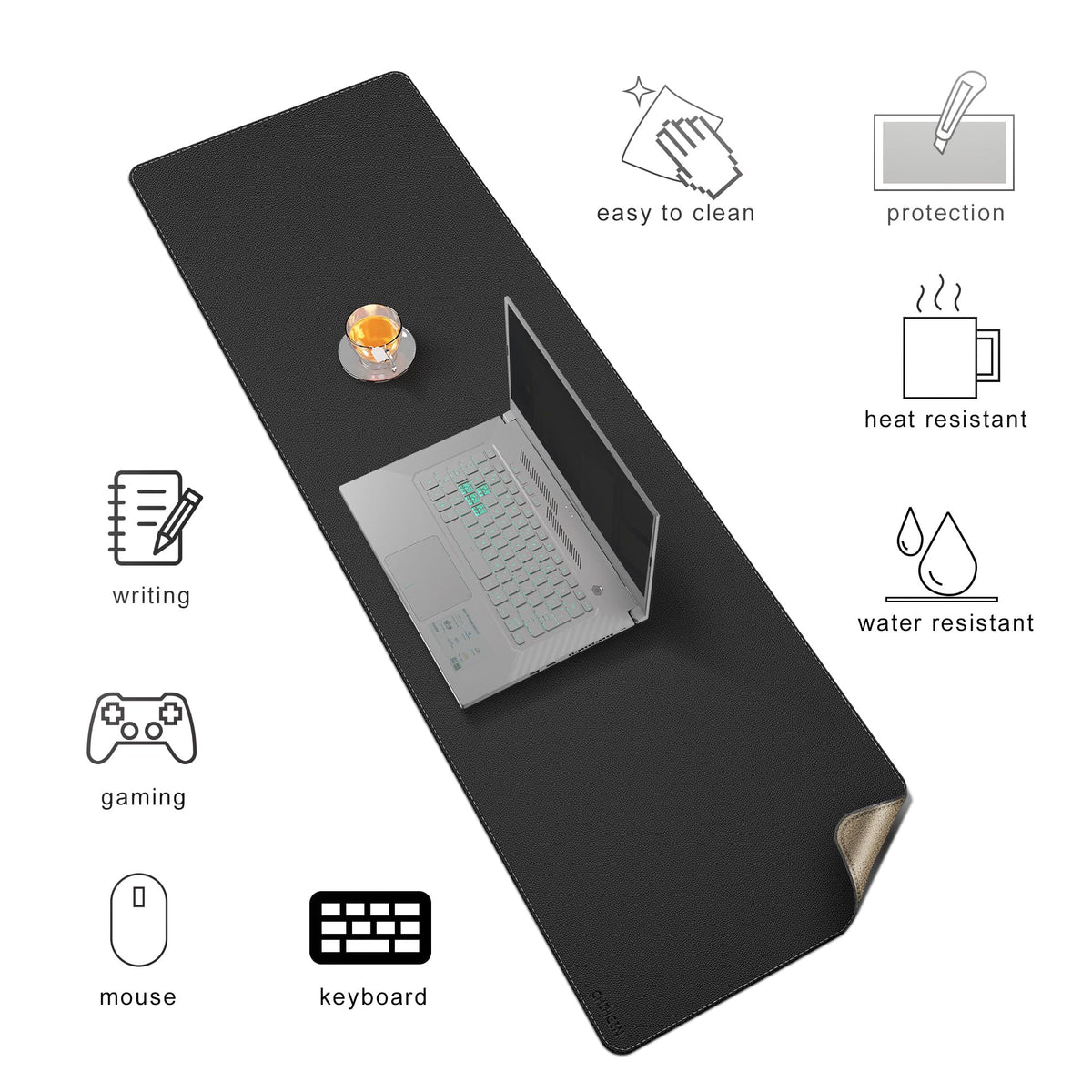 Chihein 51” x 16” Cork & PU Leather Desk Mat (Black) - Huge Mouse Pad, Double Sided Waterproof Desk
