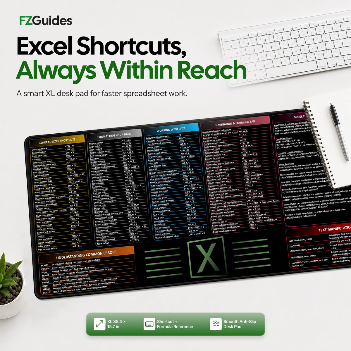FzGuides Large Excel Cheat Sheet Desk Pad | Excel Pad Shortcut Keys Mouse Mat - Extended Office