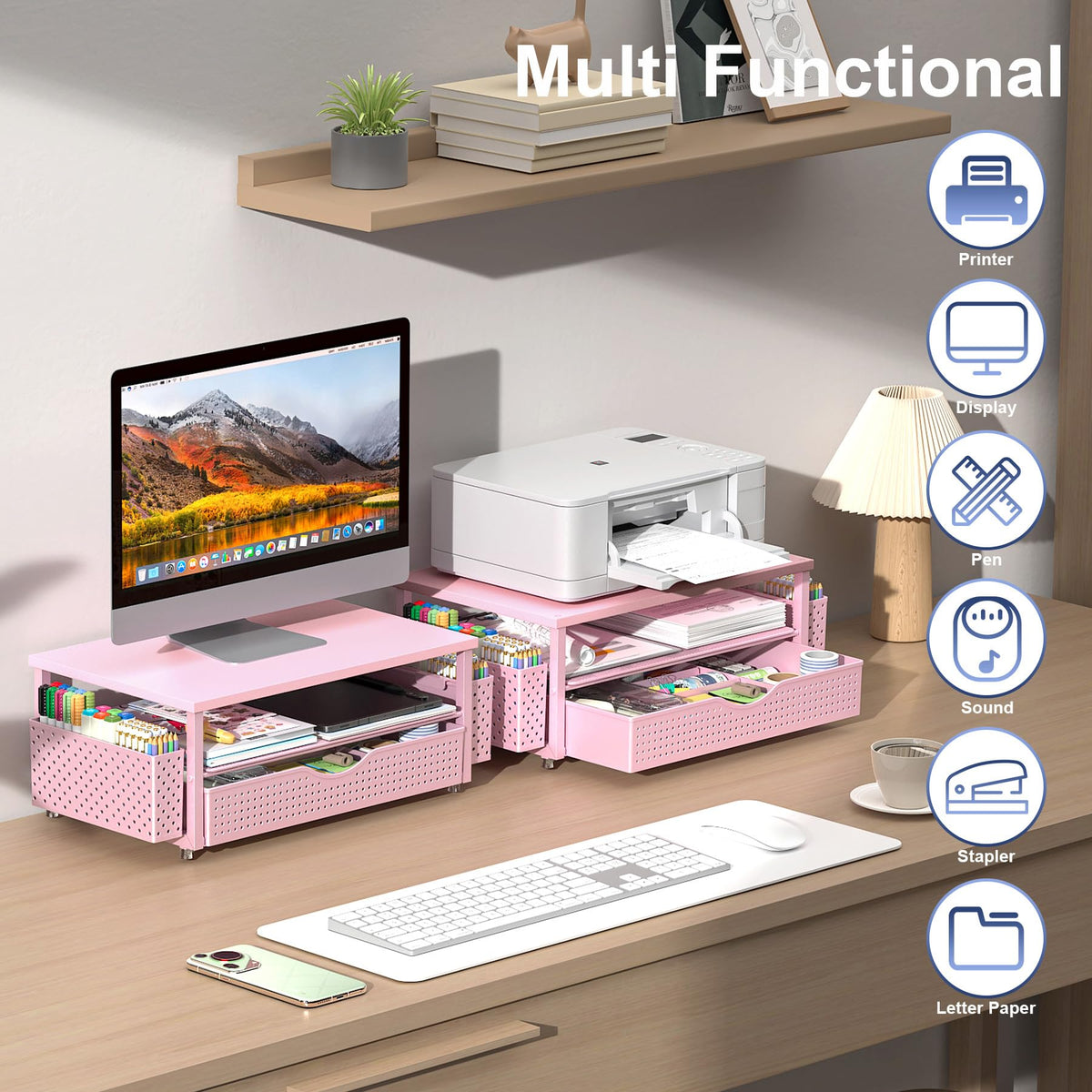 Spacrea Desk Organizers and Accessories, Printer Stand with Storage, Pink