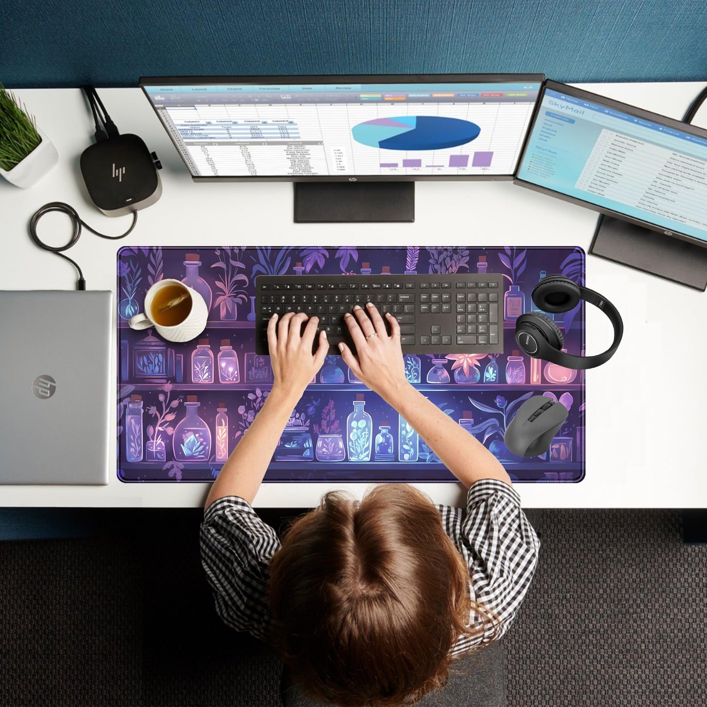 Cute Cozy Purple Gaming Desk Mat, Mystical Potion Bottles Mouse Pad XXL Large Extended Aesthetic