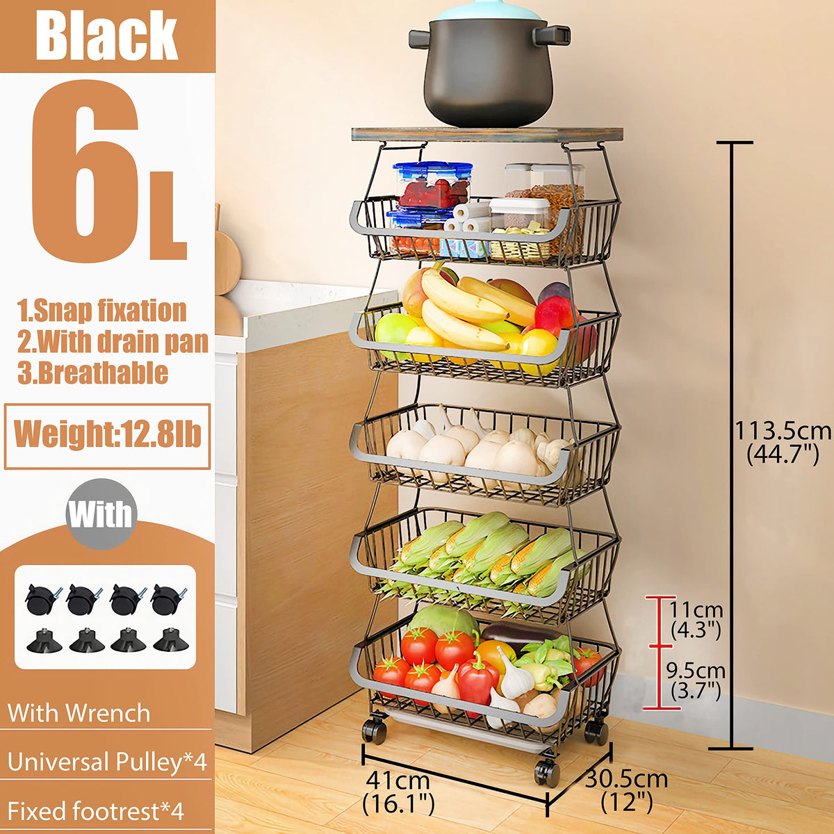 MURRI&MURRDI Fruit Vegetable Storage Basket with Wooden Lid, 6 Tier Stackable Wire Kitchen Cart