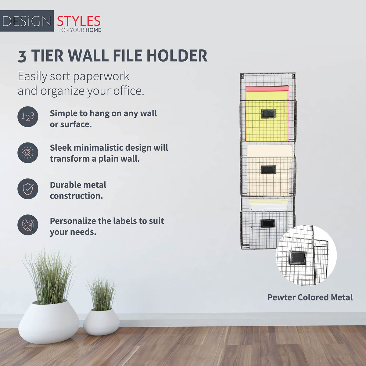 Designstyles Three Tier Wall File Holder – Durable Pewter Metal Rack with Spacious Slots for Easy
