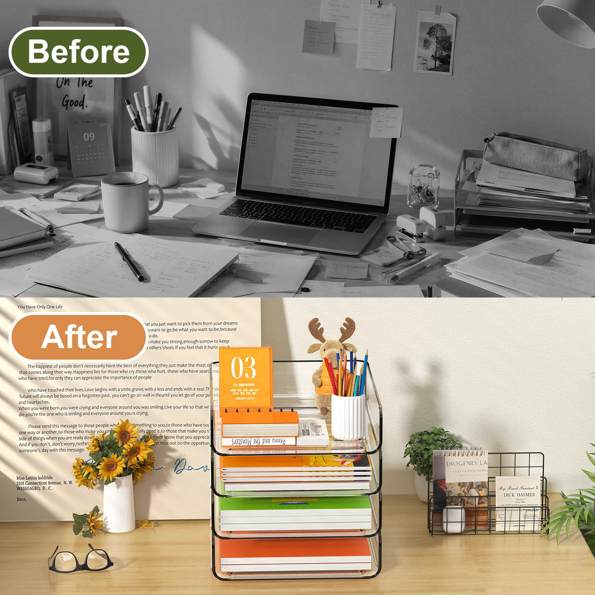 FANXIYQ 4-Tier Acrylic Paper Tray Organizer, Clear Stackable Desk File Organizer for Documents