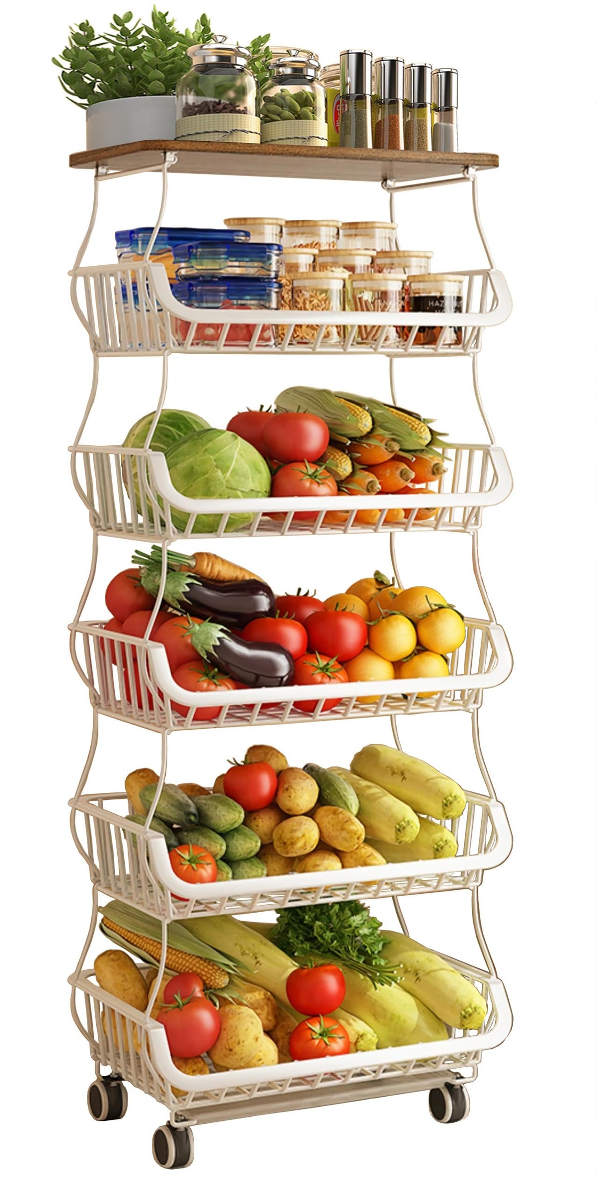 MURRI&MURRDI Fruit Vegetable Storage Basket with Wooden Lid, 6 Tier Stackable Kitchen Cart with