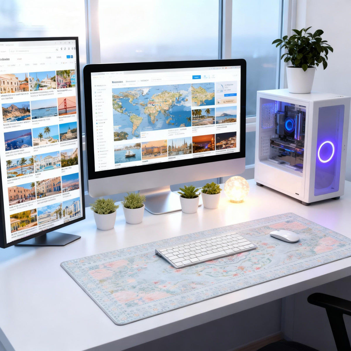 Giant Floral Desk Pad, Blue XXL Long Mouse Mat with Anti-Slip & Stitched Edge, Cute Office Decor