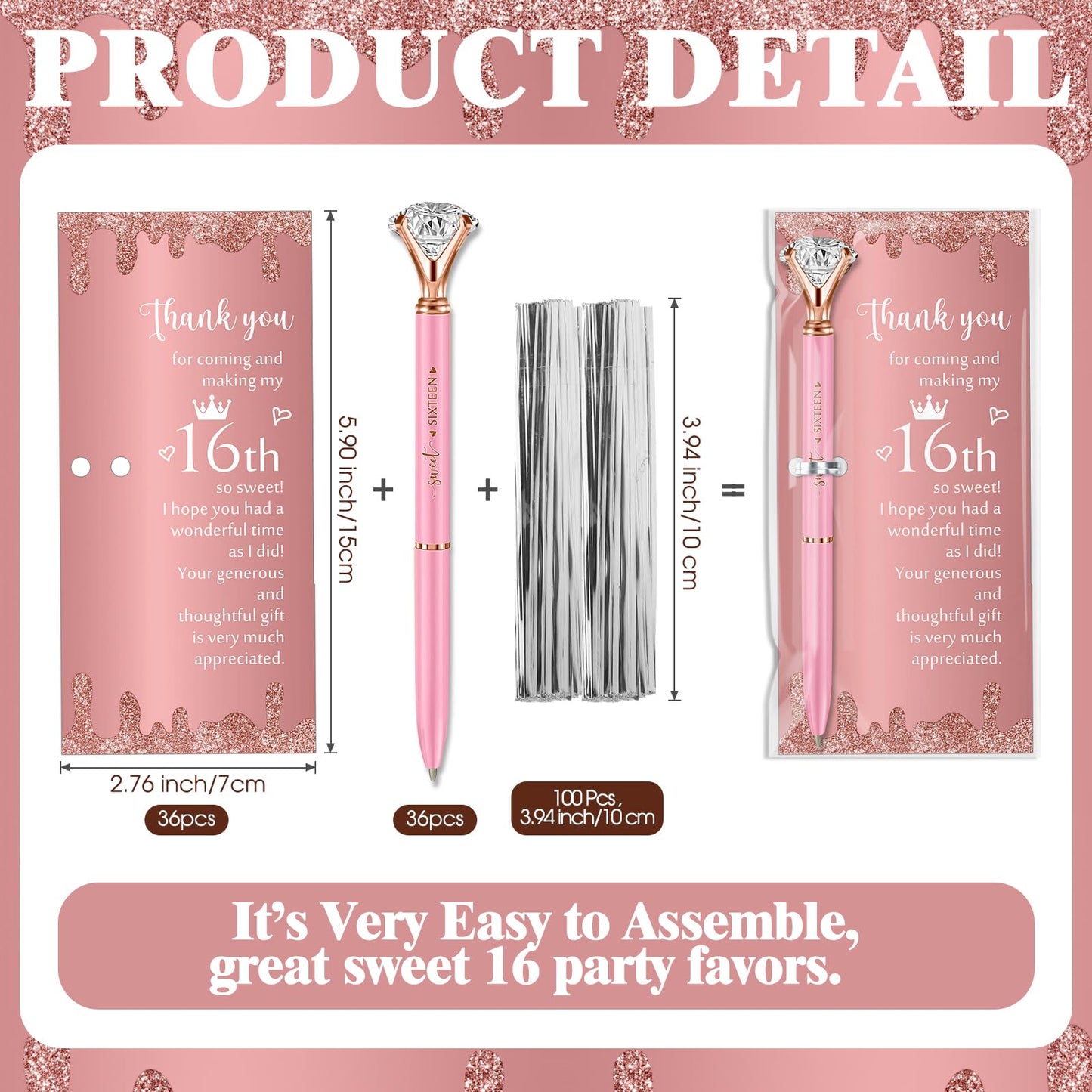 Feifeiya 36 Sets Sweet 16th Party Favors Pens with Thank You Cards, Diamond