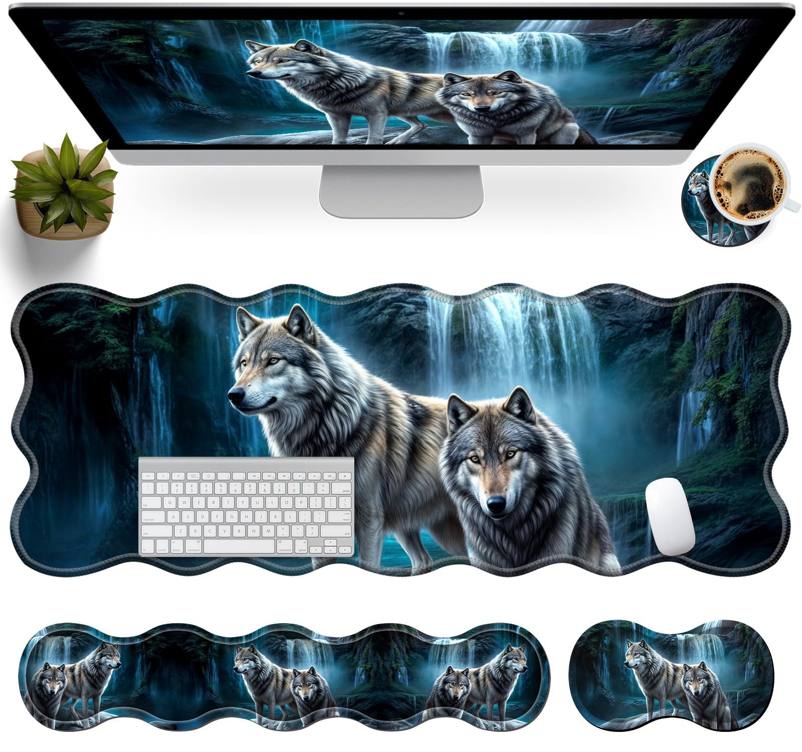 Gaming Mouse Pad Set with Wrist Support, 31.5"x11.8" Large Non-Slip Desk Mat, Ergonomic Keyboard