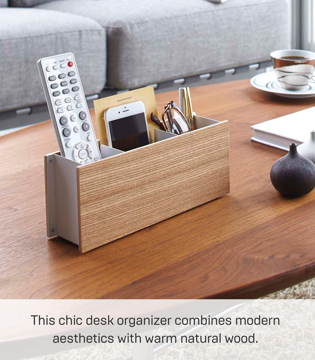 YAMAZAKI Home Rin Desk Organizer - Tv Remote Control And Pen Holder - Small - Steel + Wood