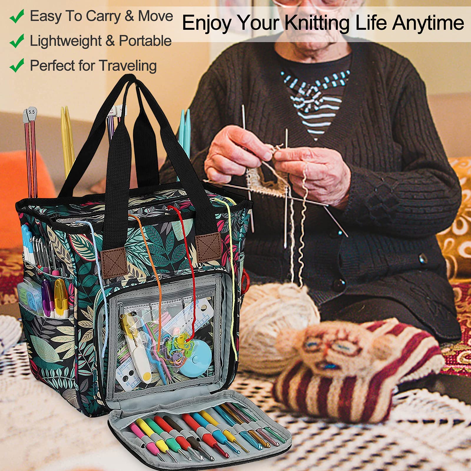 Coopay Crochet Bag w/Shoulder Strap, Yarn Bag Knitting Tote Bag-Forest