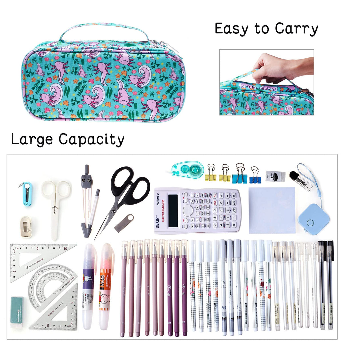 LParkin Axolotl Pencil Case Super Large Capacity 3 Compartments Canvas Pencil Box Kawaii Makeup Bag