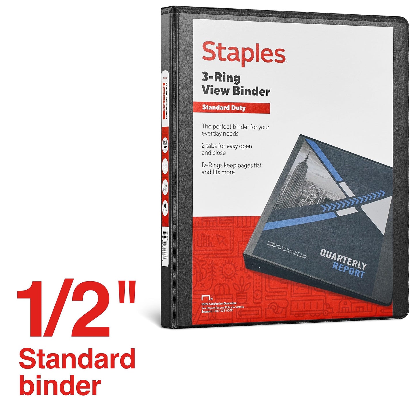 Staples 1/2" 3-Ring View Binder, D-Ring, Black, 4/Pack