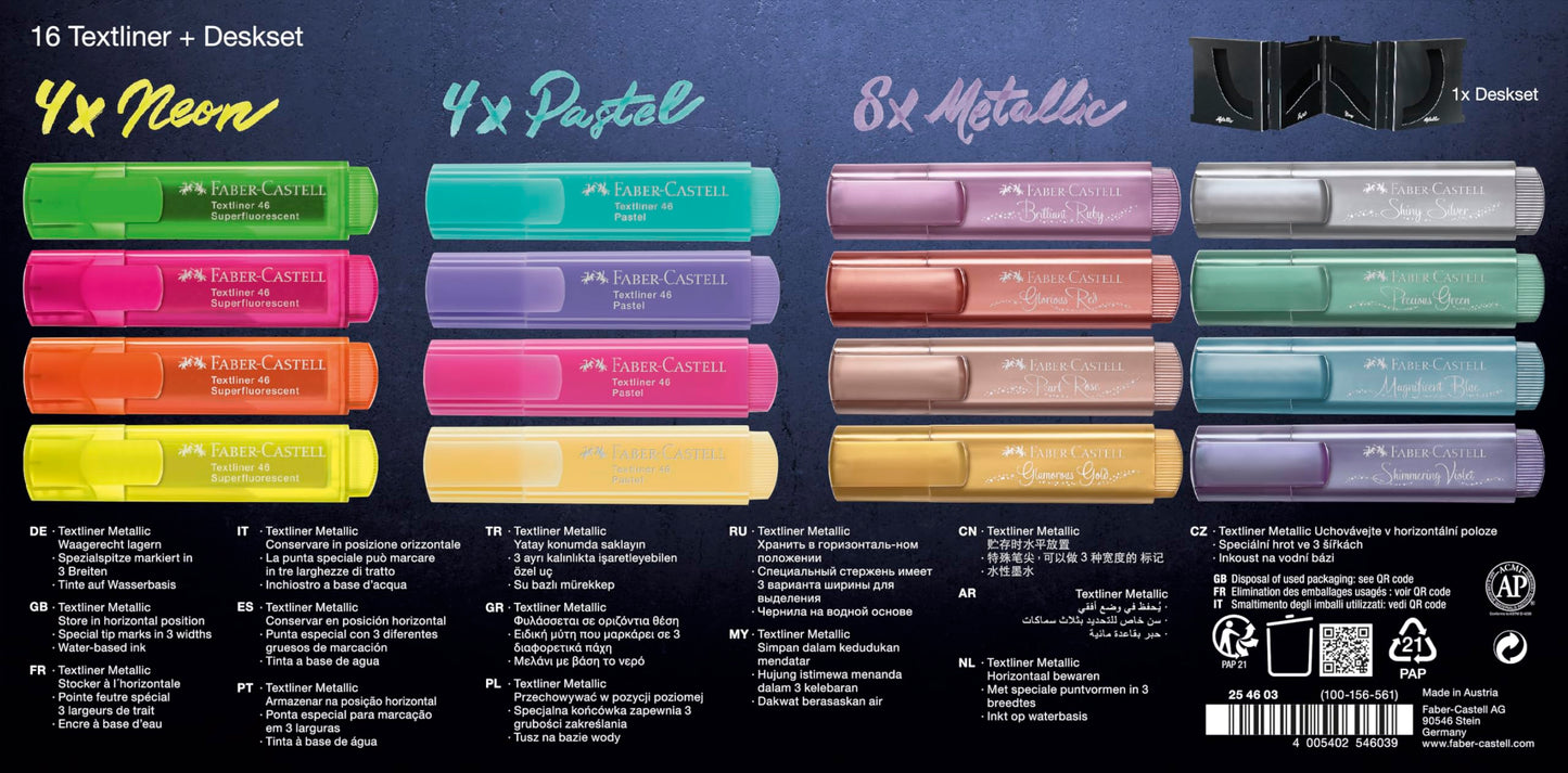 Faber-Castell Highlighter Desk Set - 16 Chisel Tip Markers, Assortment of Pastel, Neon, and