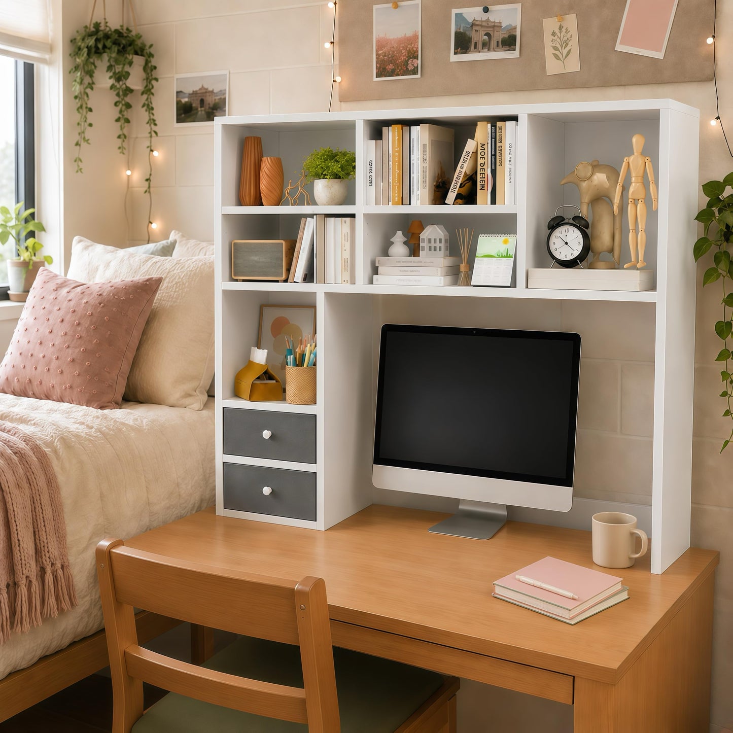REIBII Desktop Bookshelf, 8 Shelves Desktop Hutch for Dorm Room, White