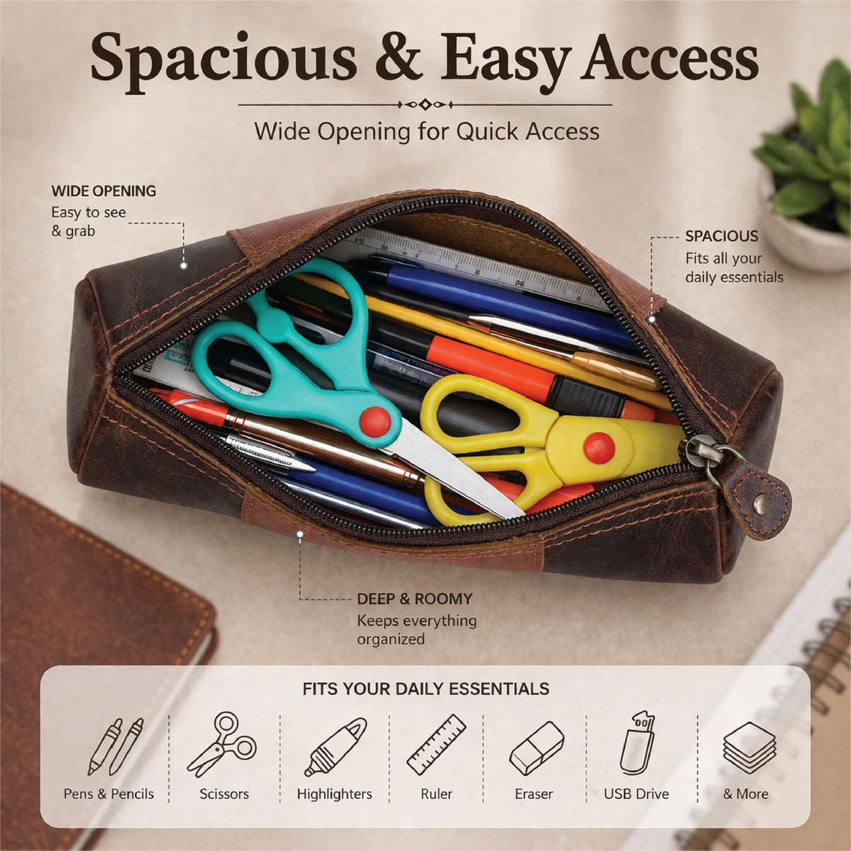 TheAntiq Genuine Leather Pencil Pouch, Handcrafted Zipper Organizer Case with Wrist Strap, Durable