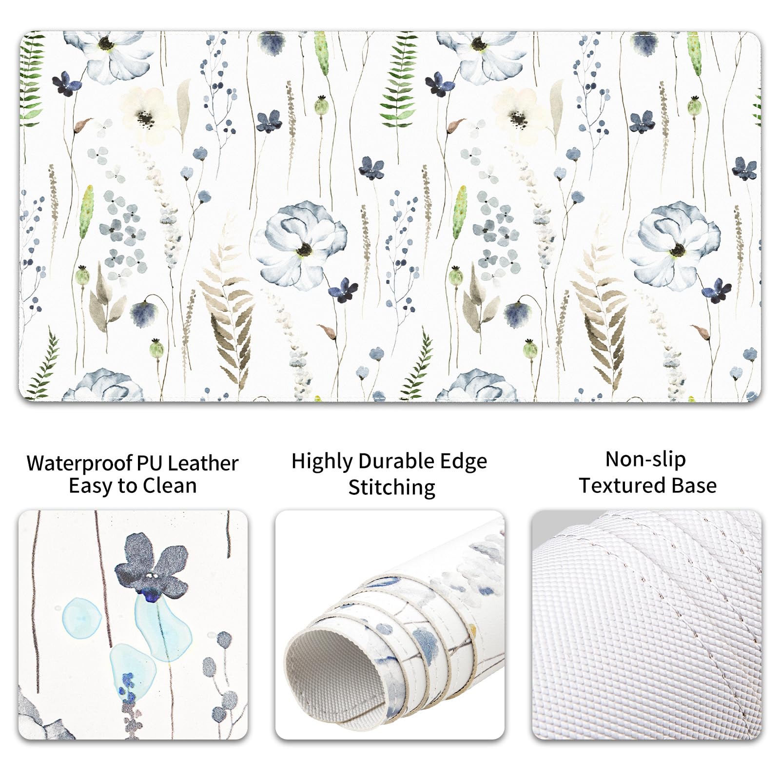 QiyI PU Leather Desk Mat Set, 4-in-1 Ergonomic Wrist Rest, Wildflowers